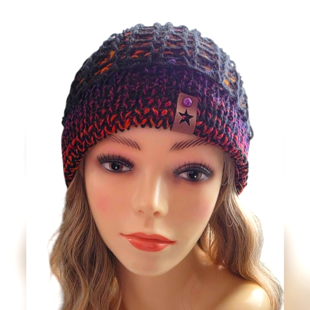 Handmade knitted beanie toque knit mesh overlay vegan leather tag slight slouch